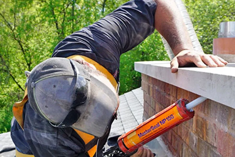 A mason sealing a brick chimney crown on a rooftop