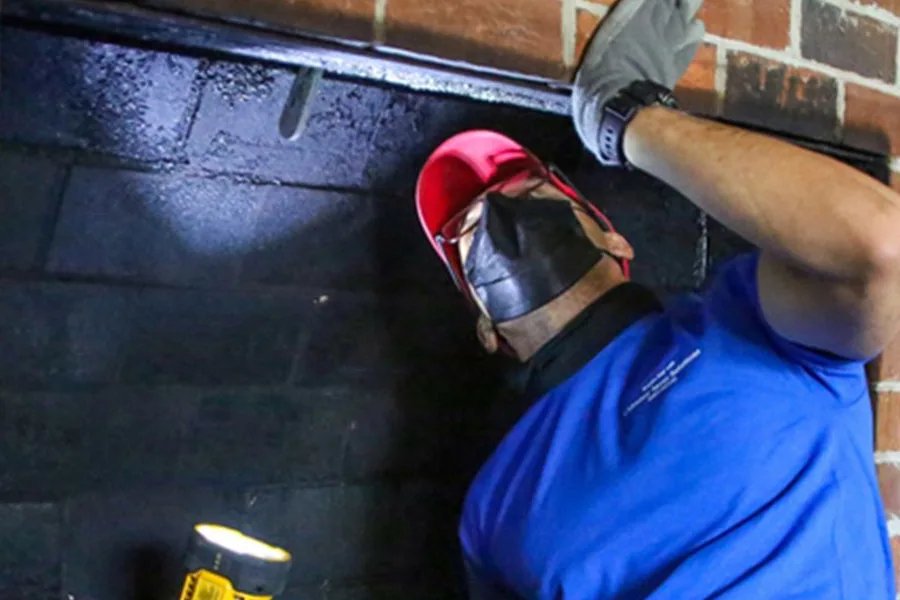 A technician tracing a chimney leak with a work light